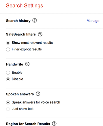 Google Search settings